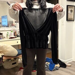 Black Pleated Wrap V-Neck Long Sleeve Top